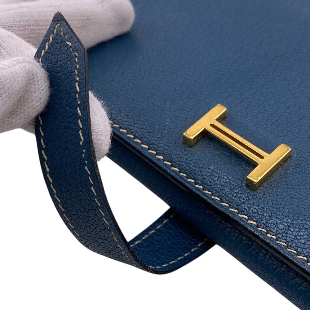 HERMES Long Wallet Purse leather blue Trifold Bearn Dupri(Unisex) Used
