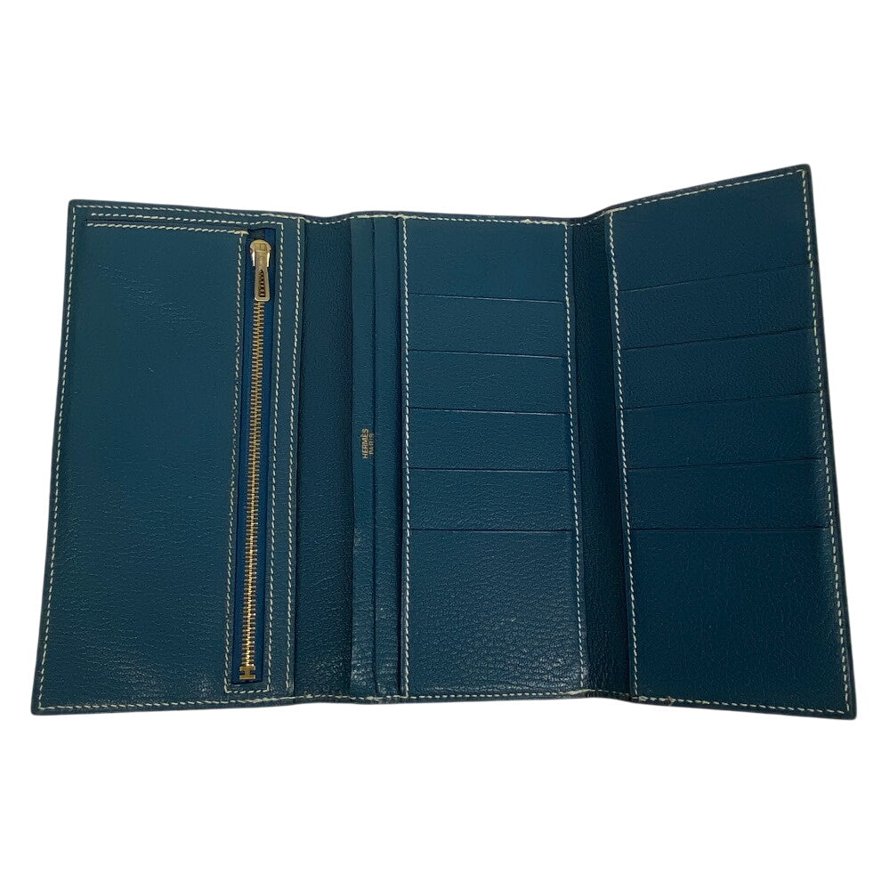 HERMES Long Wallet Purse leather blue Trifold Bearn Dupri(Unisex) Used