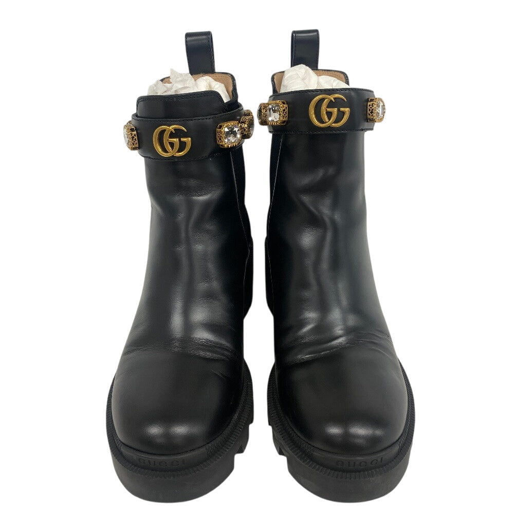 GUCCI boots 550036 leather black GG Marmont Velcro Strap Jewel 37