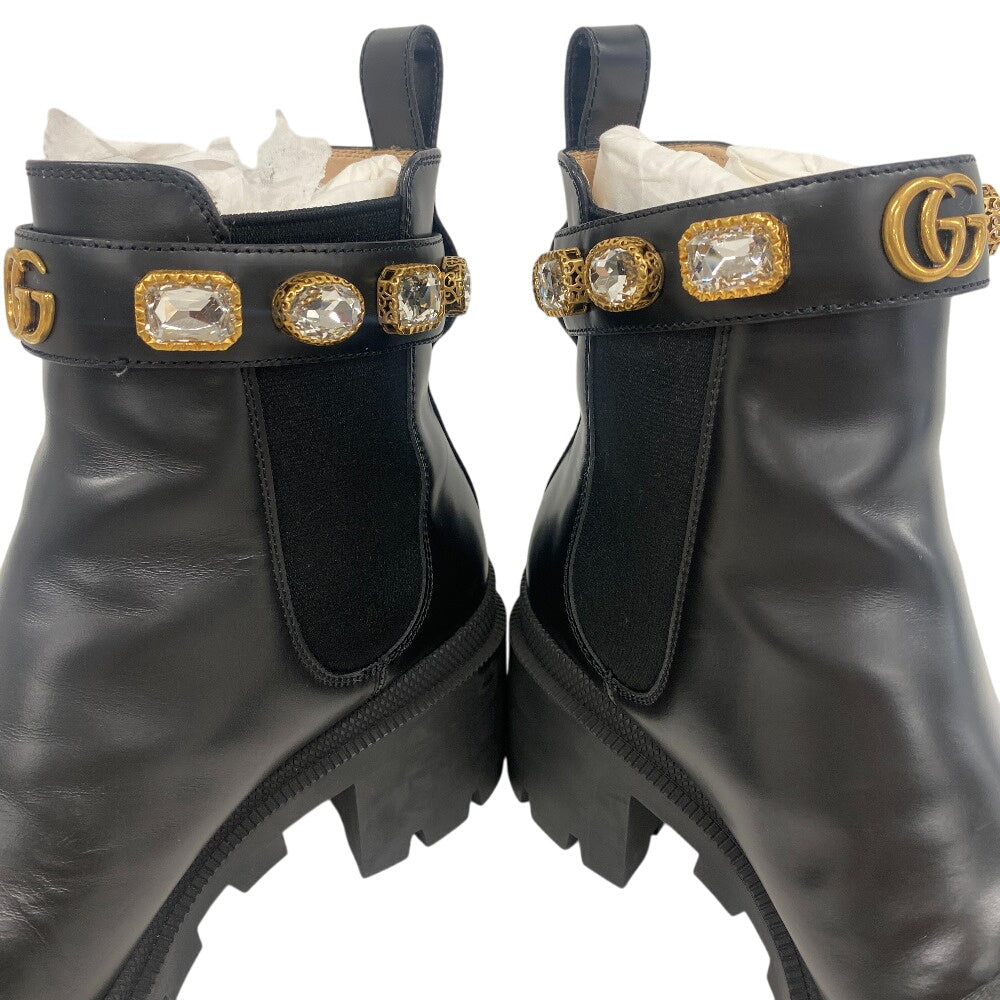 GUCCI boots 550036 leather black GG Marmont Velcro Strap Jewel 37