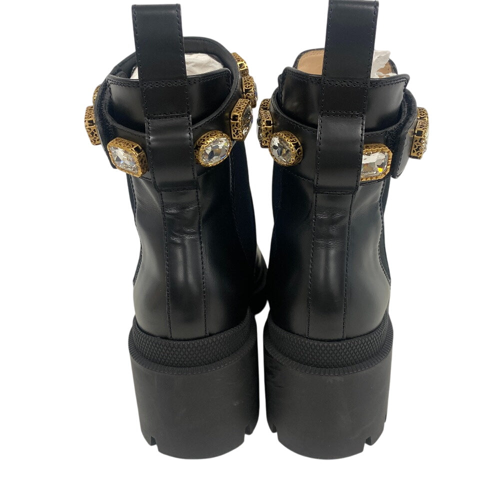 GUCCI boots 550036 leather black GG Marmont Velcro Strap Jewel 37