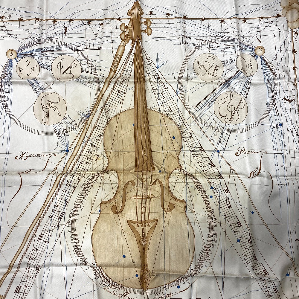 HERMES scarf silk beige Violin Music played by spheres Carre90