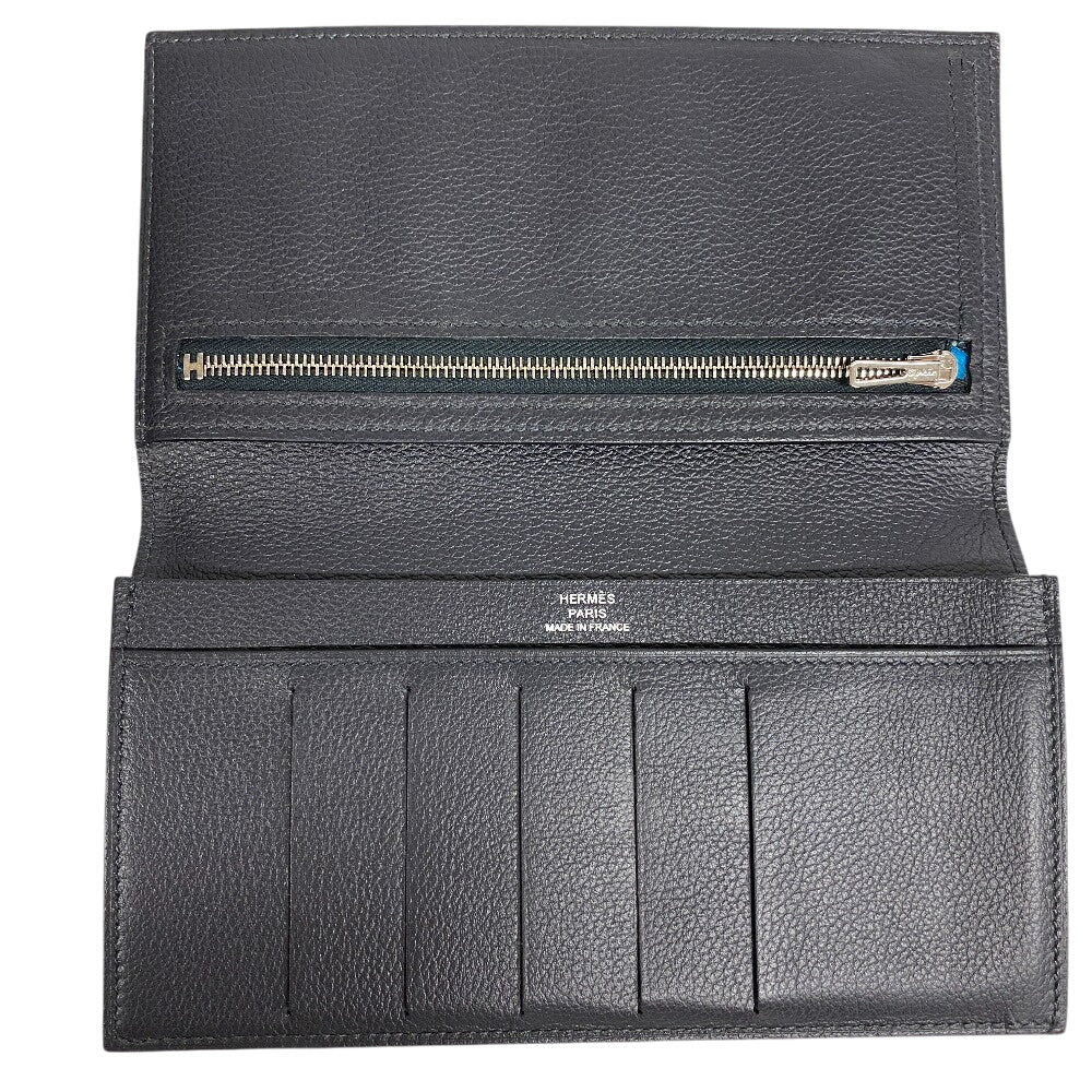 HERMES Long Wallet Purse leather black Citizen twill long