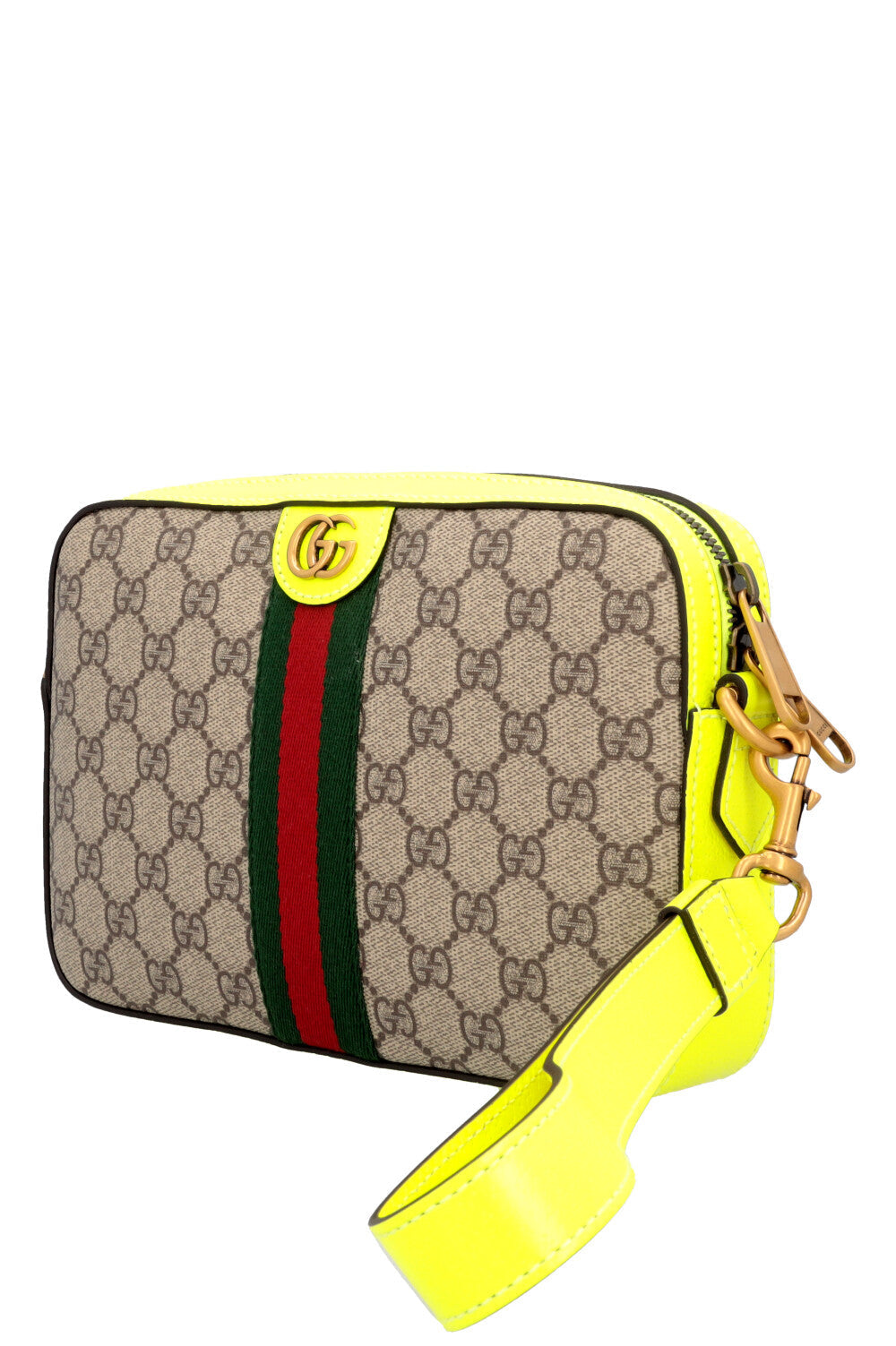 GUCCI Small Ophidia Crossbody Bag Neon Yellow Supreme Canvas