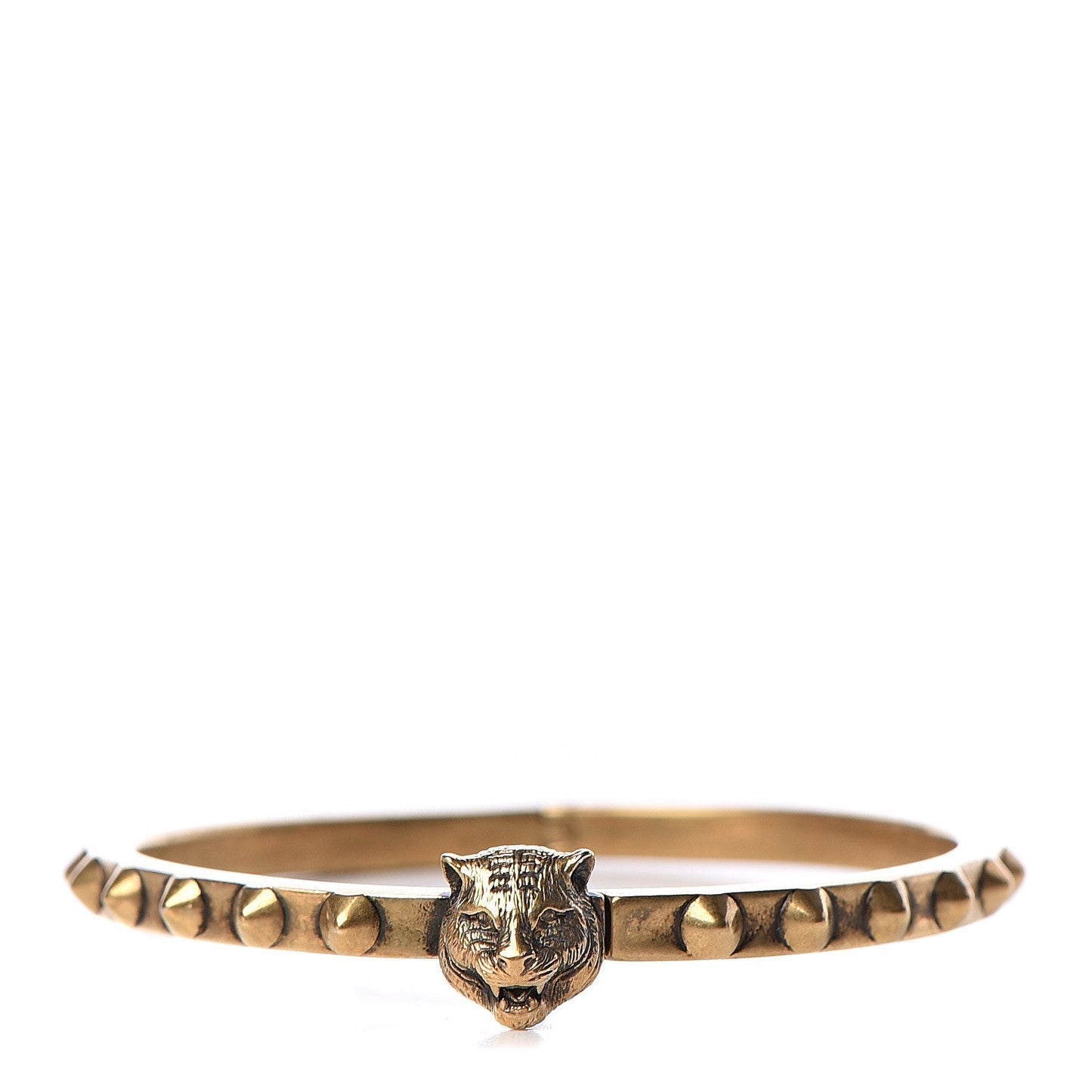 Gucci Metal Studded Feline Head Bracelet in Aged Gold