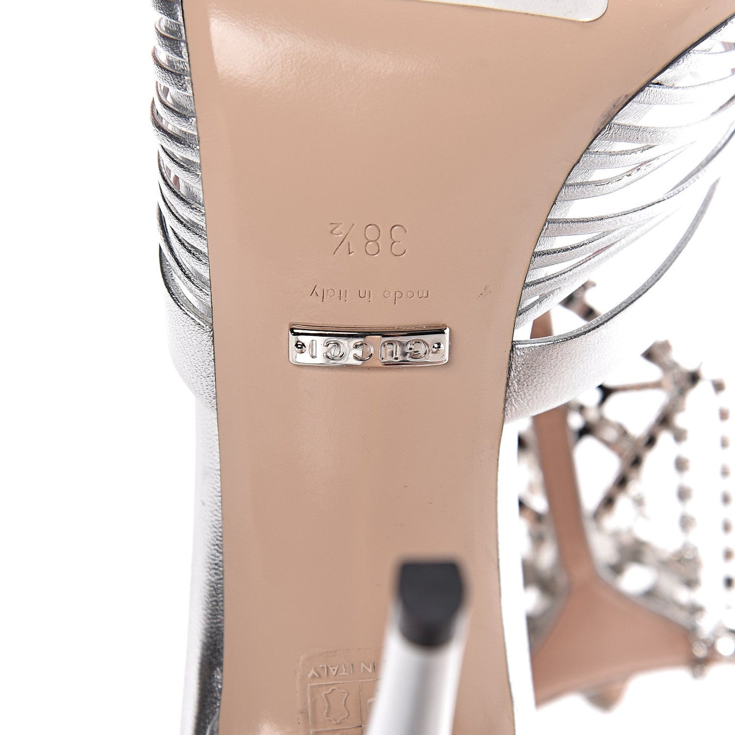 Gucci Napa Silk Crystal Crawford Strap Sandal in Silver