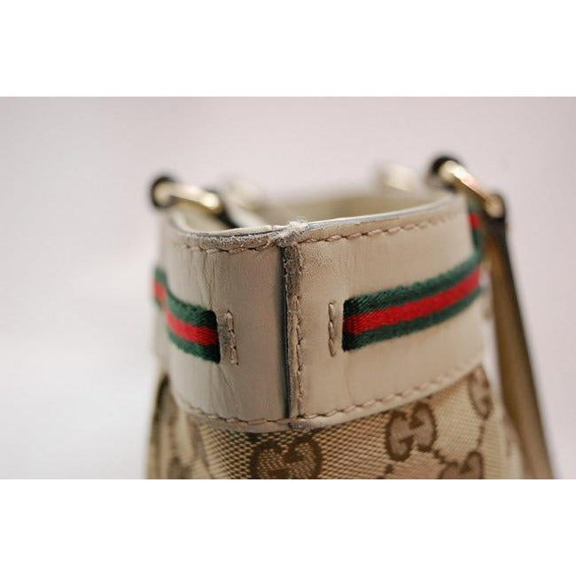 Gucci Vintage Brown Large Logo Print Canvas And White Leather With Red And Green