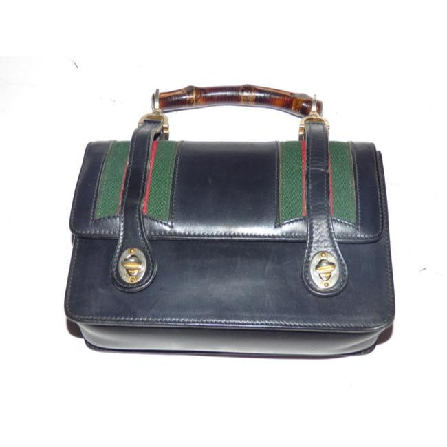 Gucci Buckle Top Bag W And Redgreen Stripes Blackredgreenbamboo Handle Leather Satchel