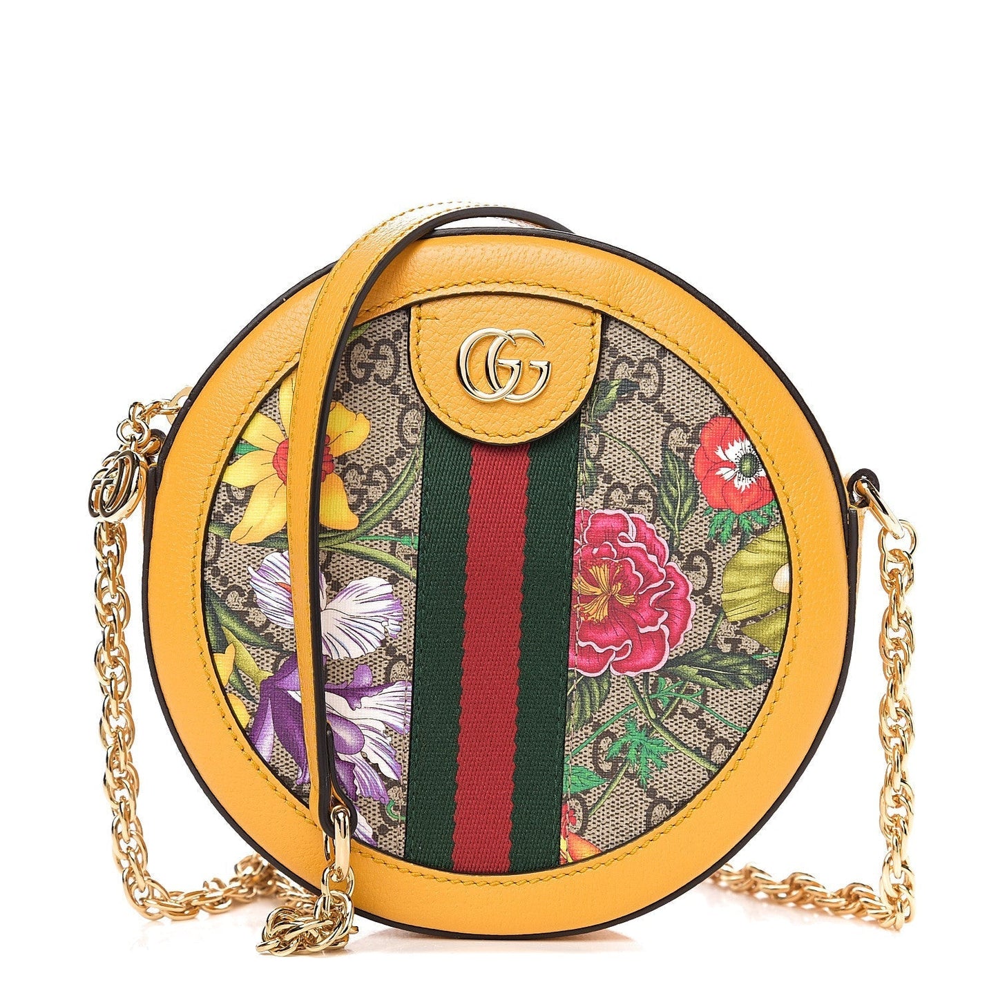 Gucci Mini Ophidia GG Flora Round Shoulder Bag in Yellow