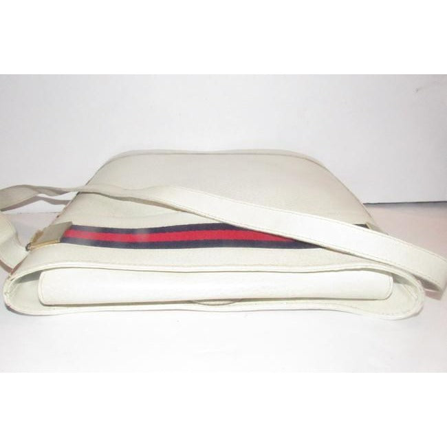 Gucci White Hard Boxy Leather Bucket Bag w red/blue stripe