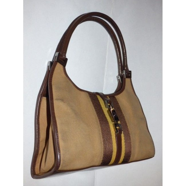 Gucci Tan Canvas and Brown Leather Jackie Bardot Style Hobo Shoulder Bag W Yellow & Brown Sherry Stripe & Chrome Hardware