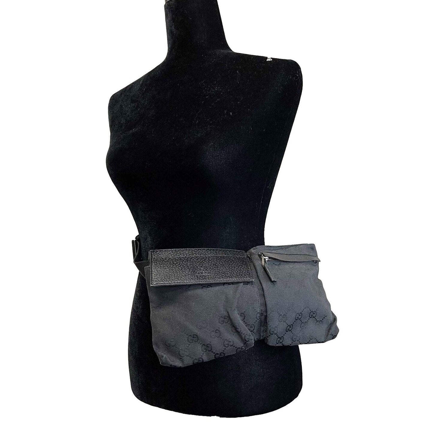 GUCCI GG Monogram Double Pocket Belt Bum Bag Black Excellent
