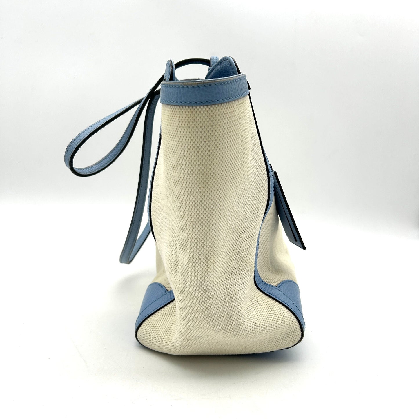 GUCCI Linen Canvas Calfskin Swing Top Handle Bag Mineral Blue LA15121