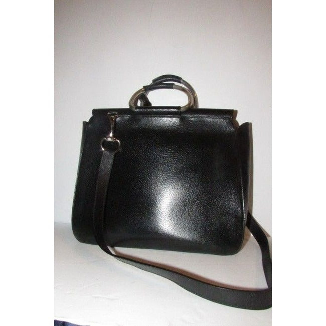 Gucci W Bamboo Line Two Removable Strap Black Leatherchrome Satchel