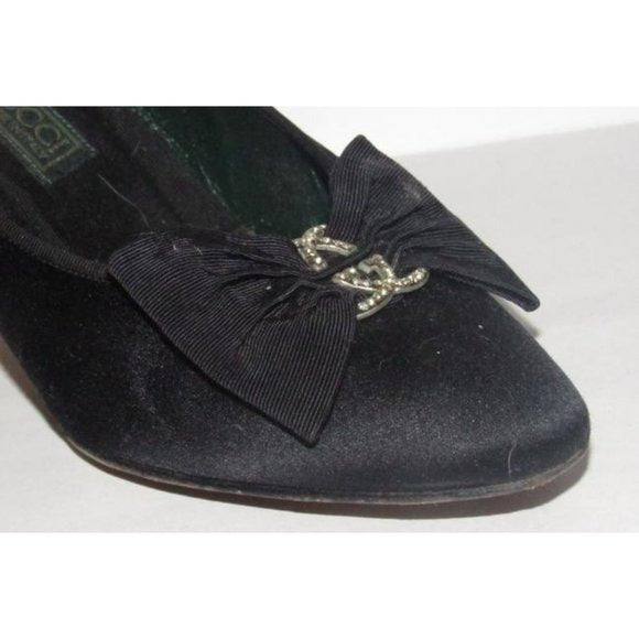 Gucci Black Satin Over Leather w Rhinestone Accent