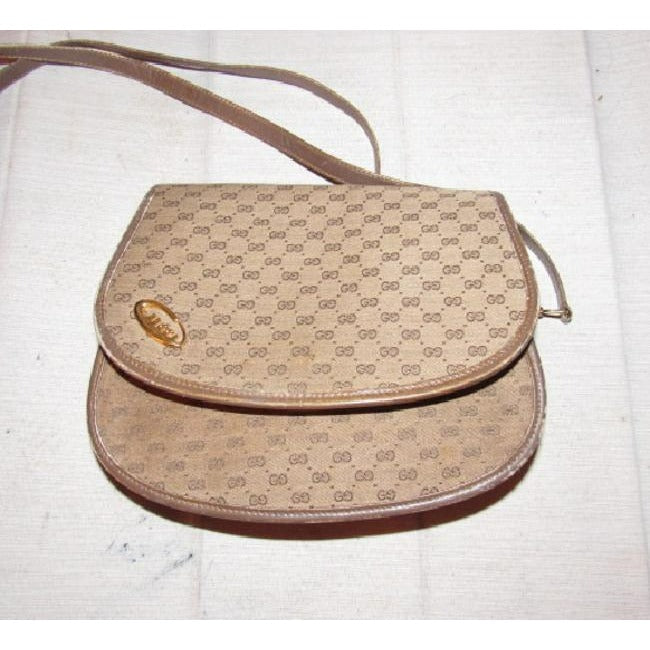 Gucci Vintage Purses Brown Canvas With Small G Logo Print And Brown Leather Cross Body