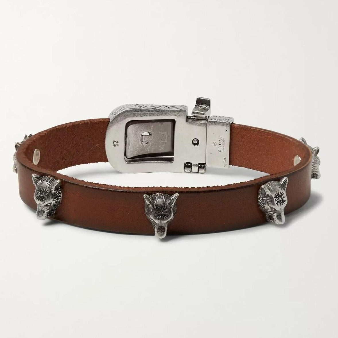 Gucci Anger Forest Wolf Head Leather Bracelet in Brown