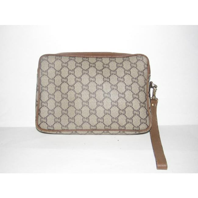 Gucci Webby Vintage Purses Brown Coated Canvas With Plus Design And Brown Leather Clutch