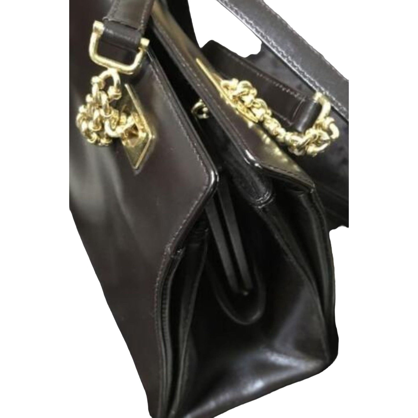 Gucci, unique, brown leather, large satchel style  shoulder bag with a snap hinged top, two longer gold chain & leather shoulder straps