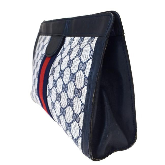 Gucci Navy Guccissima Print Coated Canvas & Navy Leather Clutch with Red & Blue Sherry Stripe & Velcro Closure