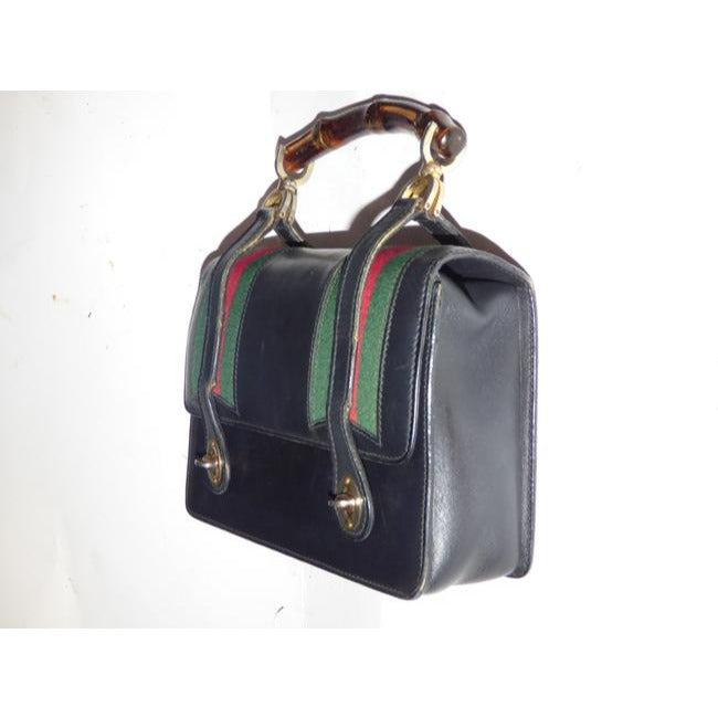 Gucci Buckle Top Bag W And Redgreen Stripes Blackredgreenbamboo Handle Leather Satchel