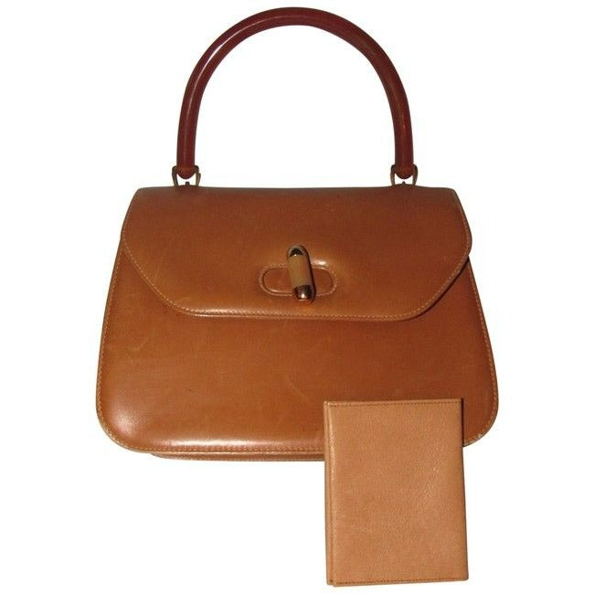 Gucci Vintage Caramel Leather With Tortoise Shell Lucite Bakelite And Gold Accent
