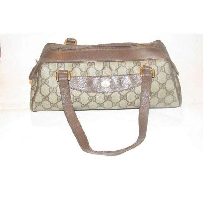 Gucci Vintage Purses Brown Large G Logo Print Coated Canvas And Brown Leather Satchel