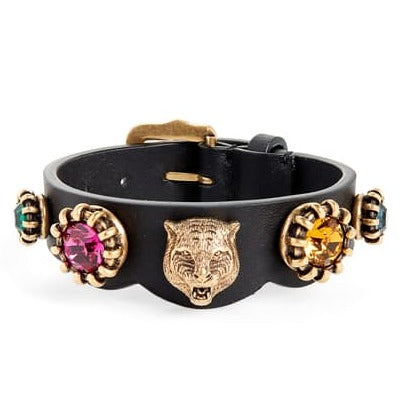 Gucci Crystal Feline Head Leather Bracelet in Black