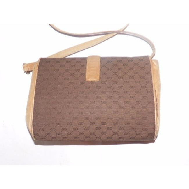 Gucci Vintage Camel Leather Brown Small G Logo Print Canvas And Cross Body Bag
