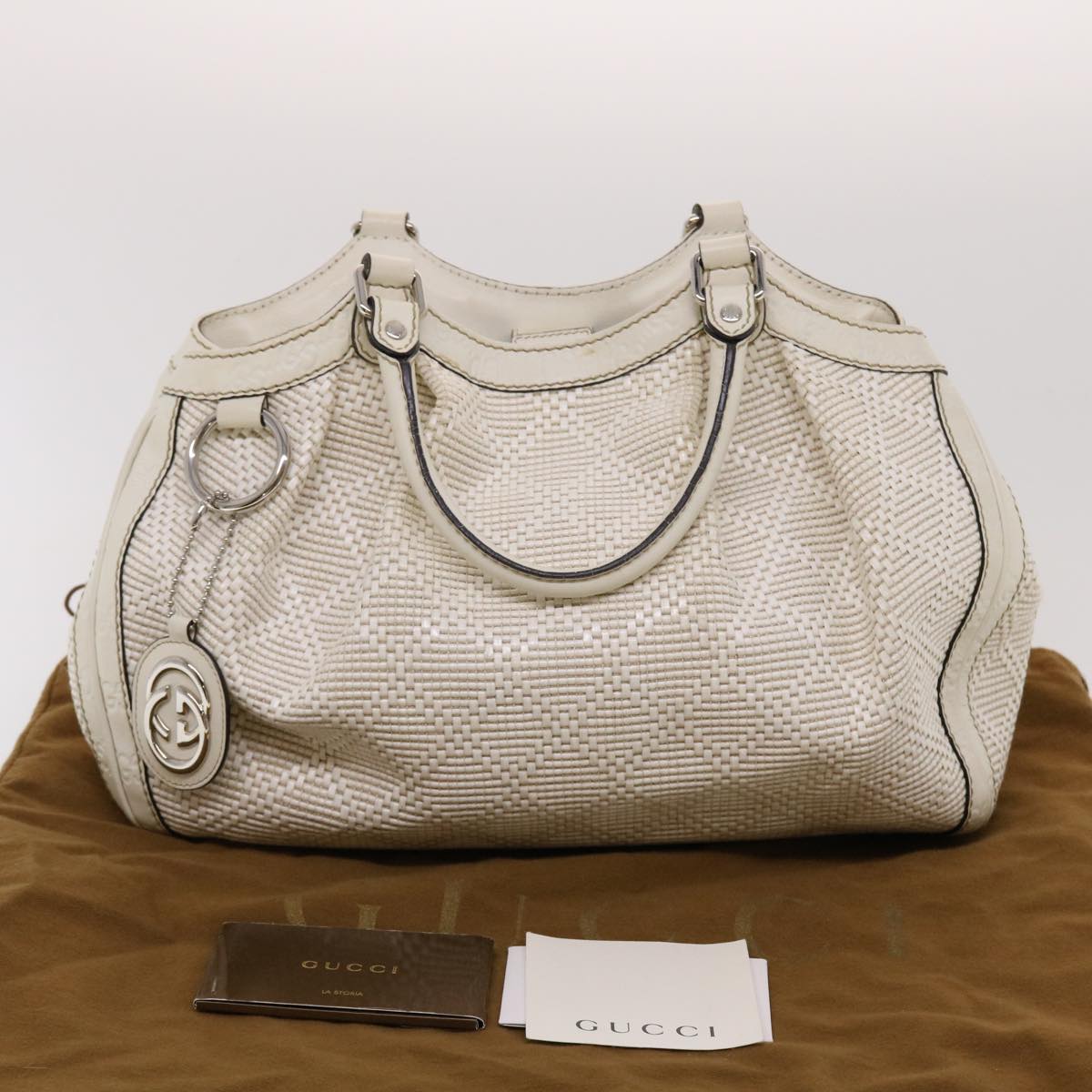 Gucci Diamante GG Canvas Hand Bag Leather White 211944  am4493