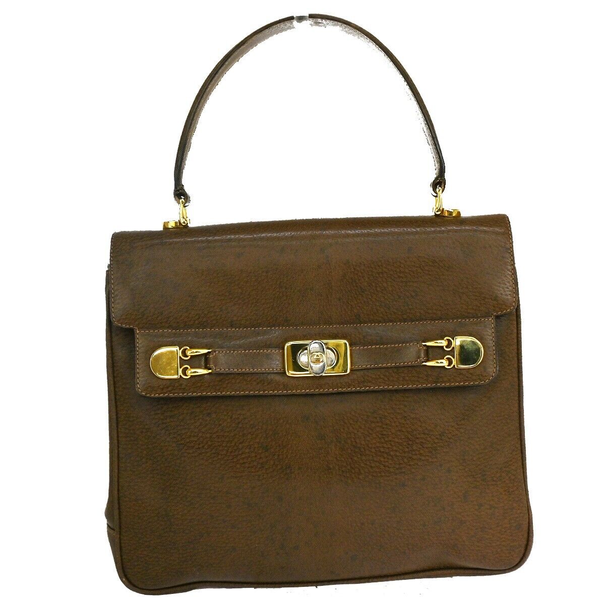 Gucci Logo Hand Bag Leather Brown Gold-
