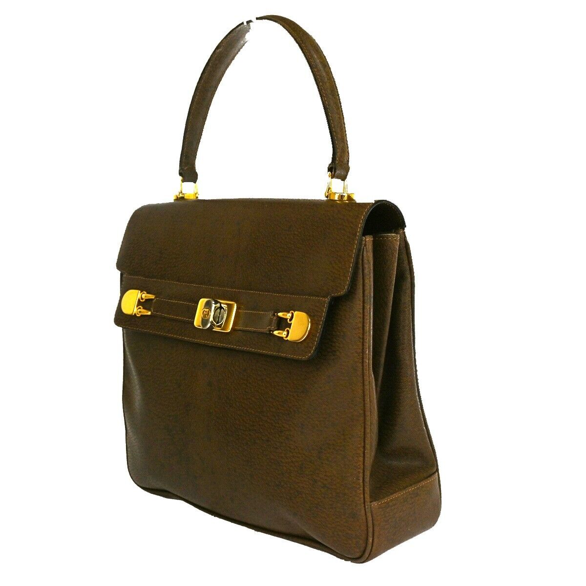 Gucci Logo Hand Bag Leather Brown Gold-