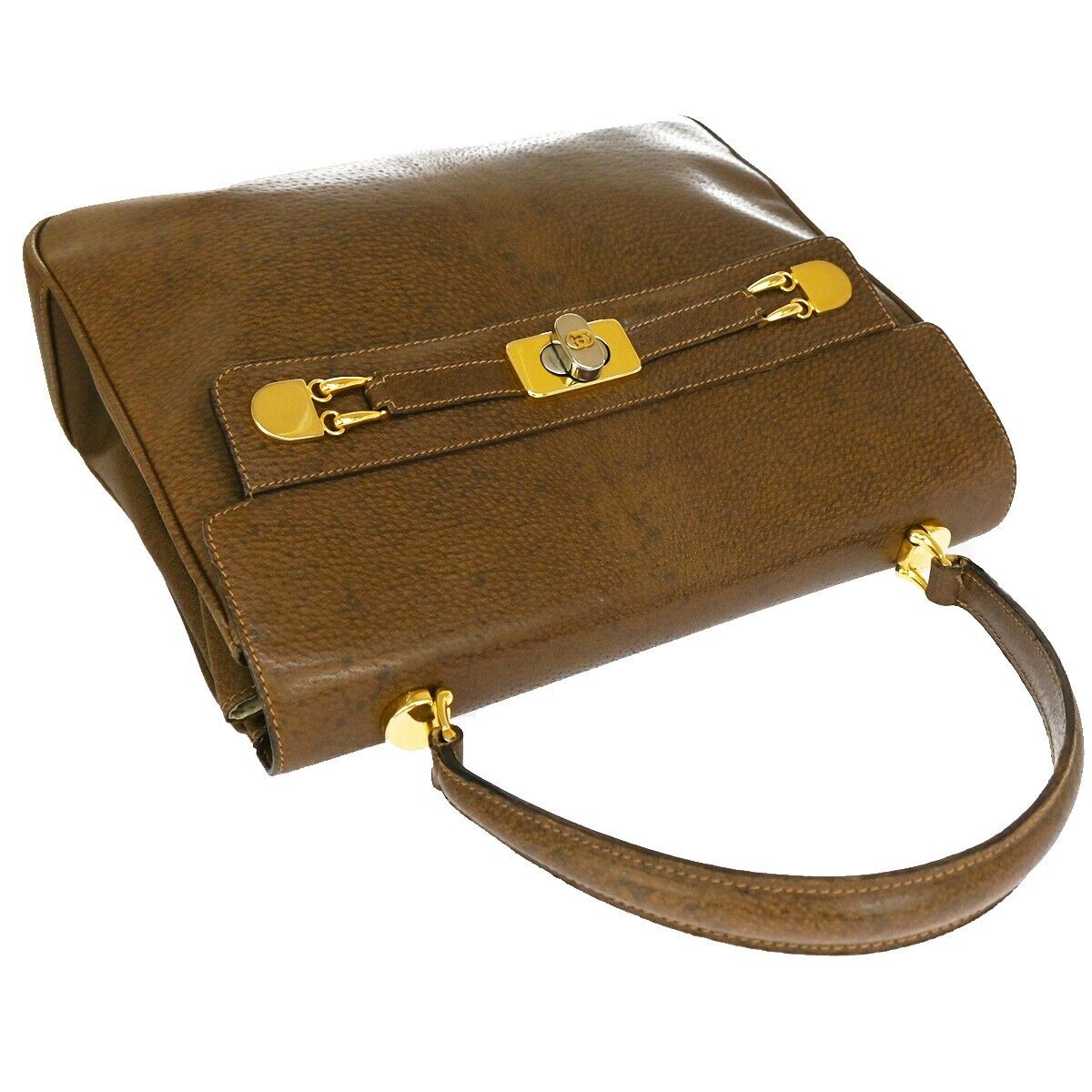 Gucci Logo Hand Bag Leather Brown Gold-