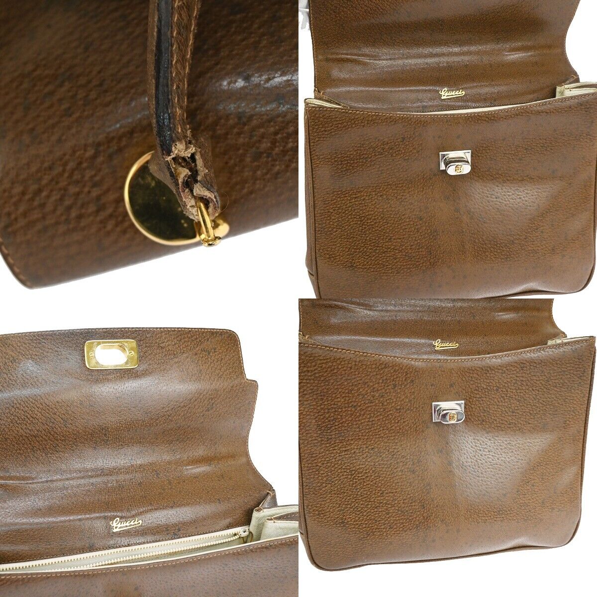 Gucci Logo Hand Bag Leather Brown Gold-
