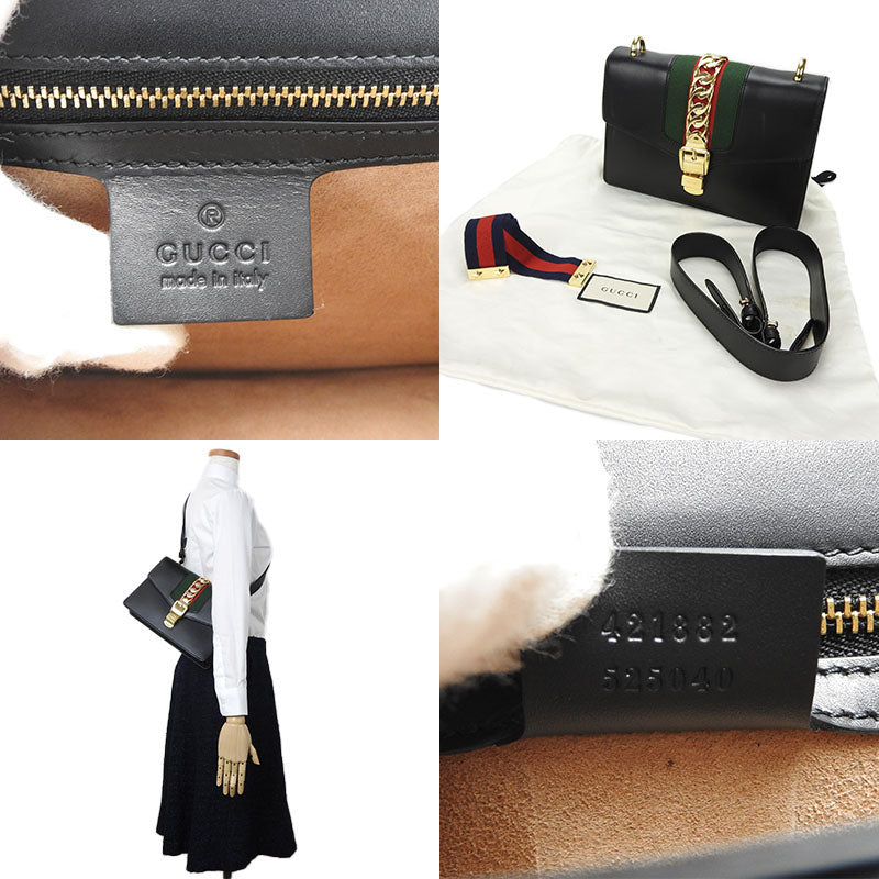GUCCI Shoulder Bag 421882 leather black Web line Silvi Small
