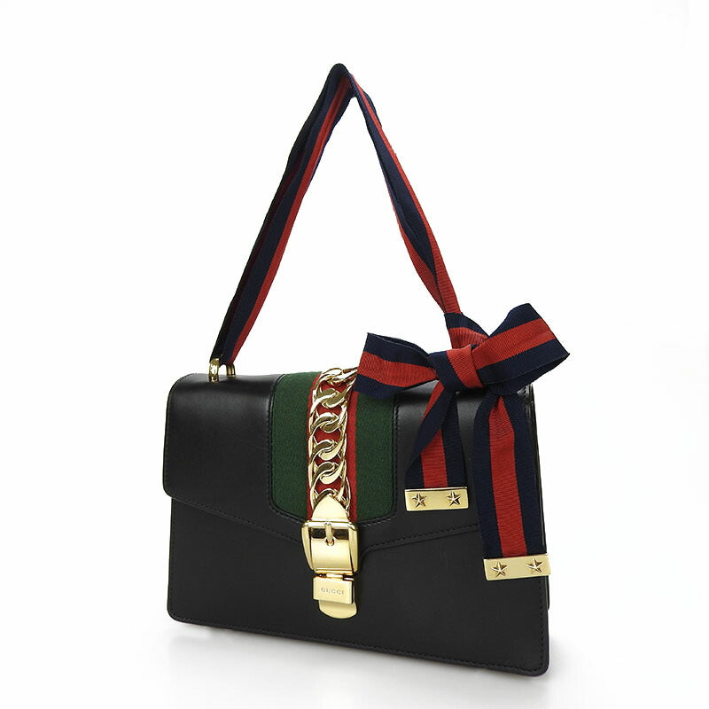 GUCCI Shoulder Bag 421882 leather black Web line Silvi Small