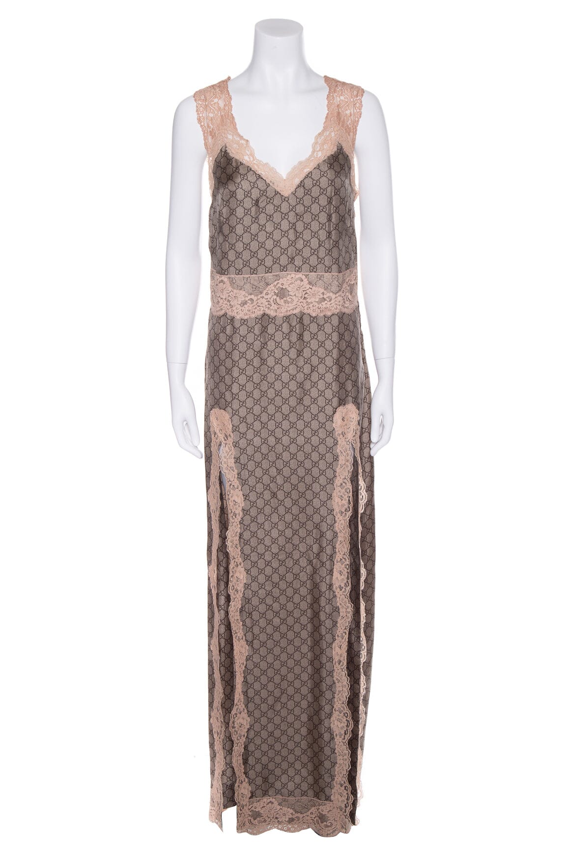 Gucci Brown Silk Interlocking GG Maxi Slip Dress SZ 40