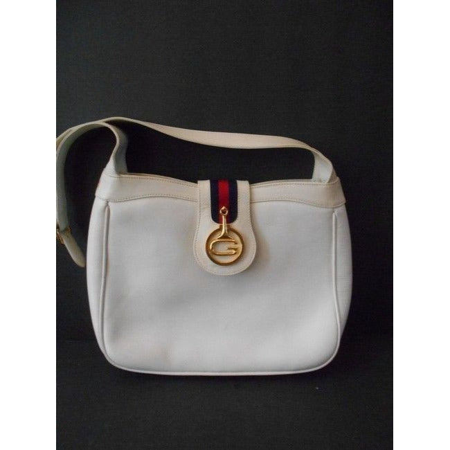 Gucci Vintage Pursesdesigner Purses White Leather With Red And Blue Striped Accent And Large Gold G