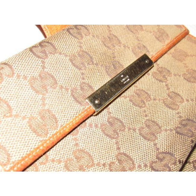 Gucci Brown Large G Logo Print Canvas And Orange Brown Leather Vintage Wallet