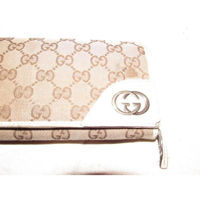 Gucci Brown Large G Logo Print Canvas And White Leather Vintage Wallet