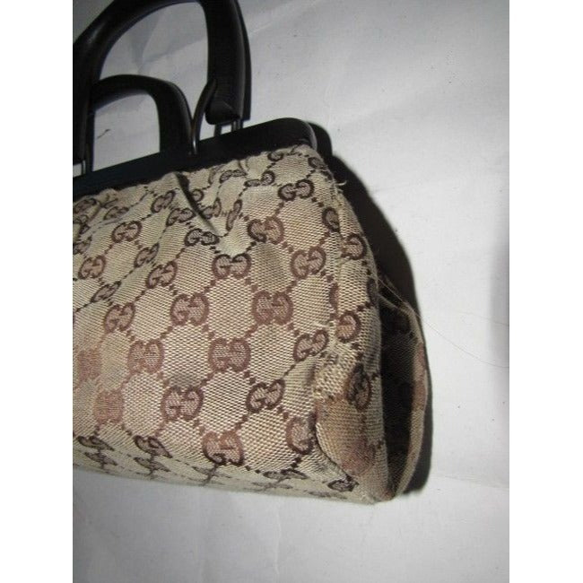 Gucci W Guccissima Canvasleather Top Handle Frame Brown G Logo Printwood Leathercanvaswood Satchel