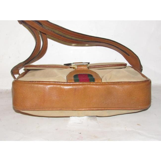 Gucci Tan & Brown Leather Jackie Satchel w Red & Green Sherry Stripe