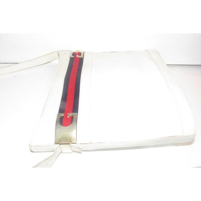 Gucci White Hard Boxy Leather Bucket Bag w red/blue stripe