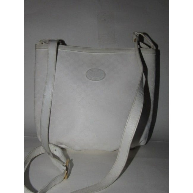 Gucci Vintage White Small G Logo Print Coated Canvas And White Leather Satchel