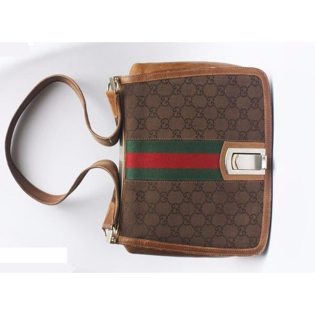 Gucci Brown Guccissima Print Saddle Bag w Red & Green Stripe