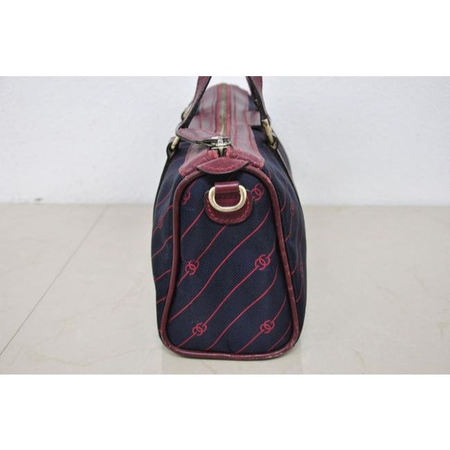 Gucci Navy Canvas w Red Diagonal Logo Print & Burgundy Leather Boston Bag