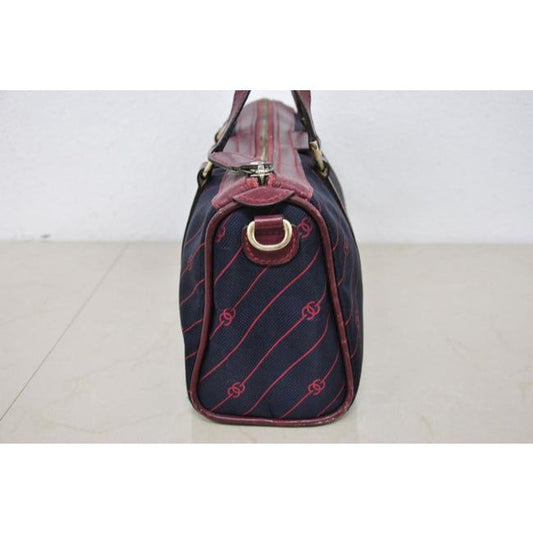 Gucci Navy Canvas w Red Diagonal Logo Print & Burgundy Leather Boston Bag