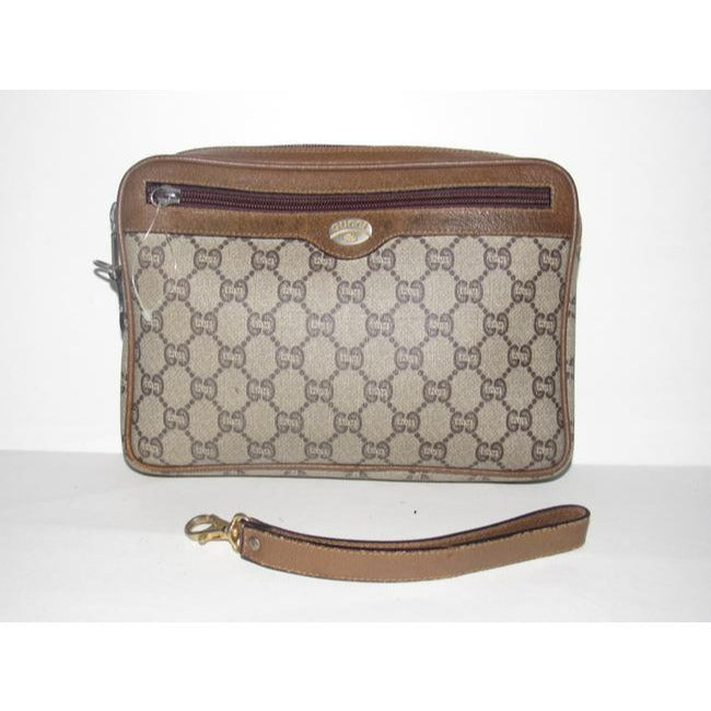Gucci Webby Vintage Purses Brown Coated Canvas With Plus Design And Brown Leather Clutch