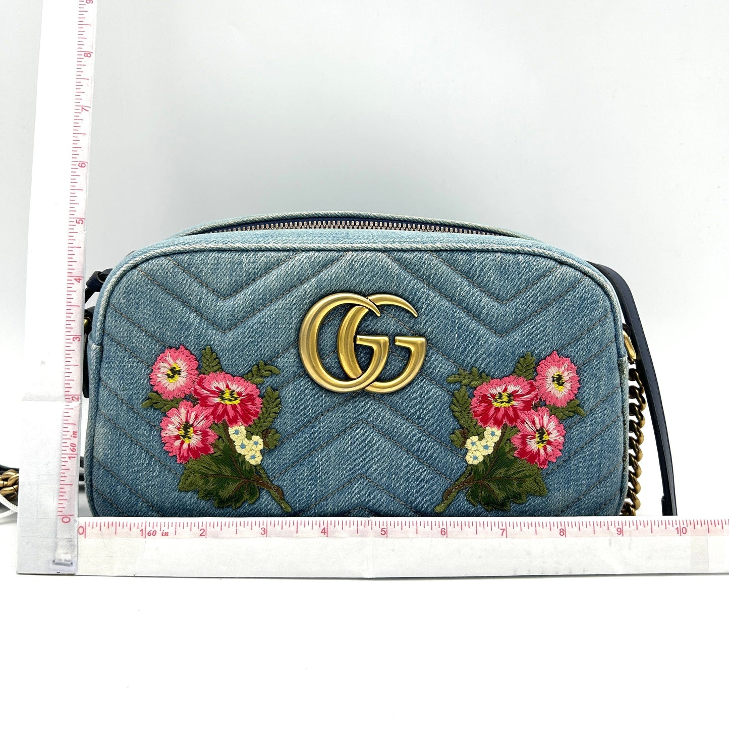 Gucci Floral GG Marmont Denim Camera Bag - Blue Crossbody Bags, Handbags LA24878
