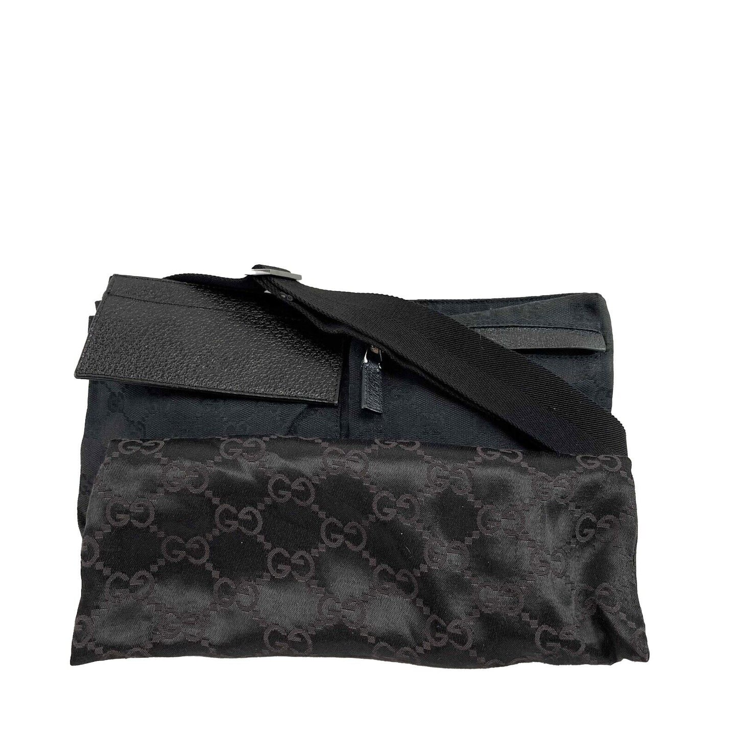 GUCCI GG Monogram Double Pocket Belt Bum Bag Black Excellent